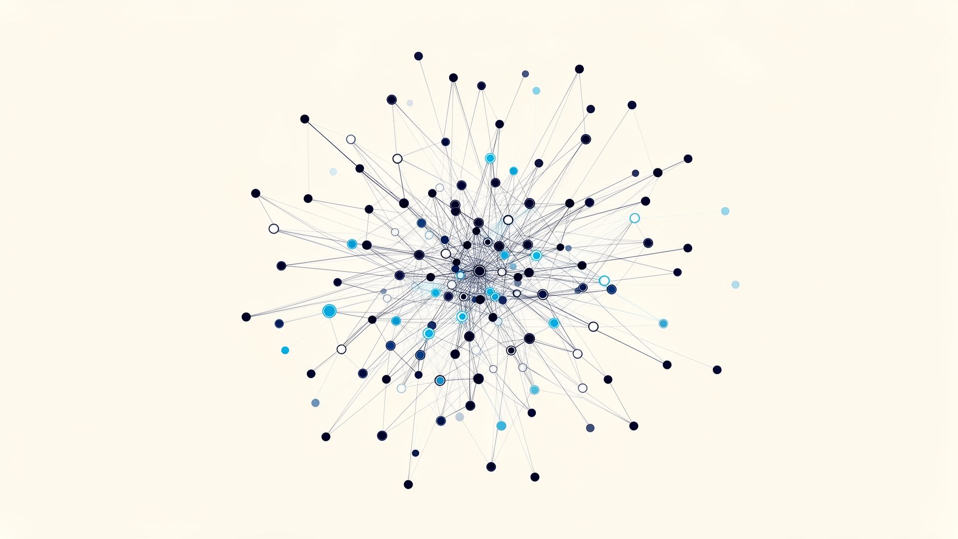 Abstract network diagram of nodes and connections representing RISING-RO's collaborative radiation oncology community